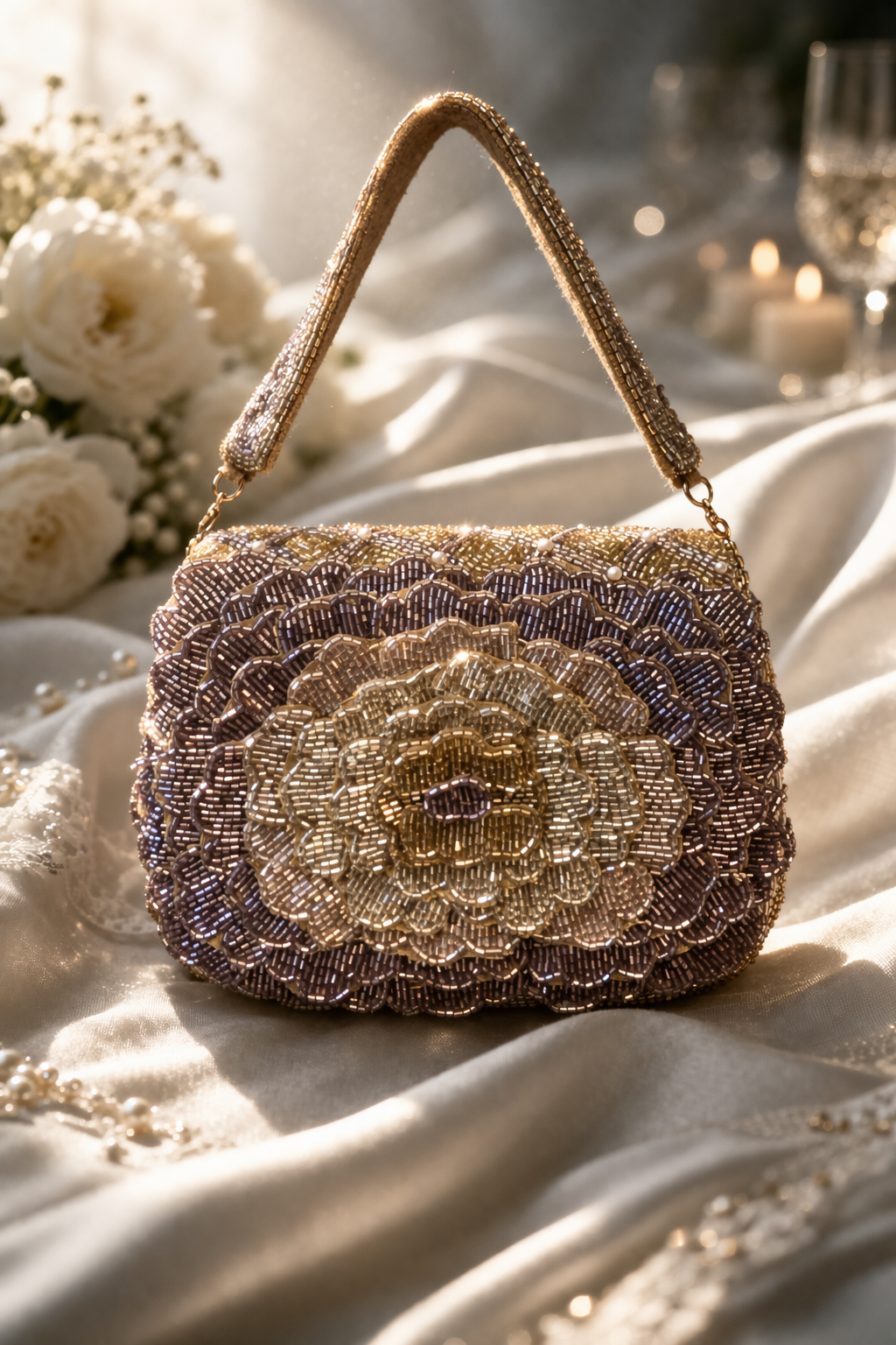 Champagne Gold Floral Beaded Handbag