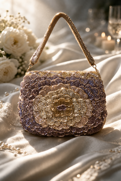 Champagne Gold Floral Beaded Handbag
