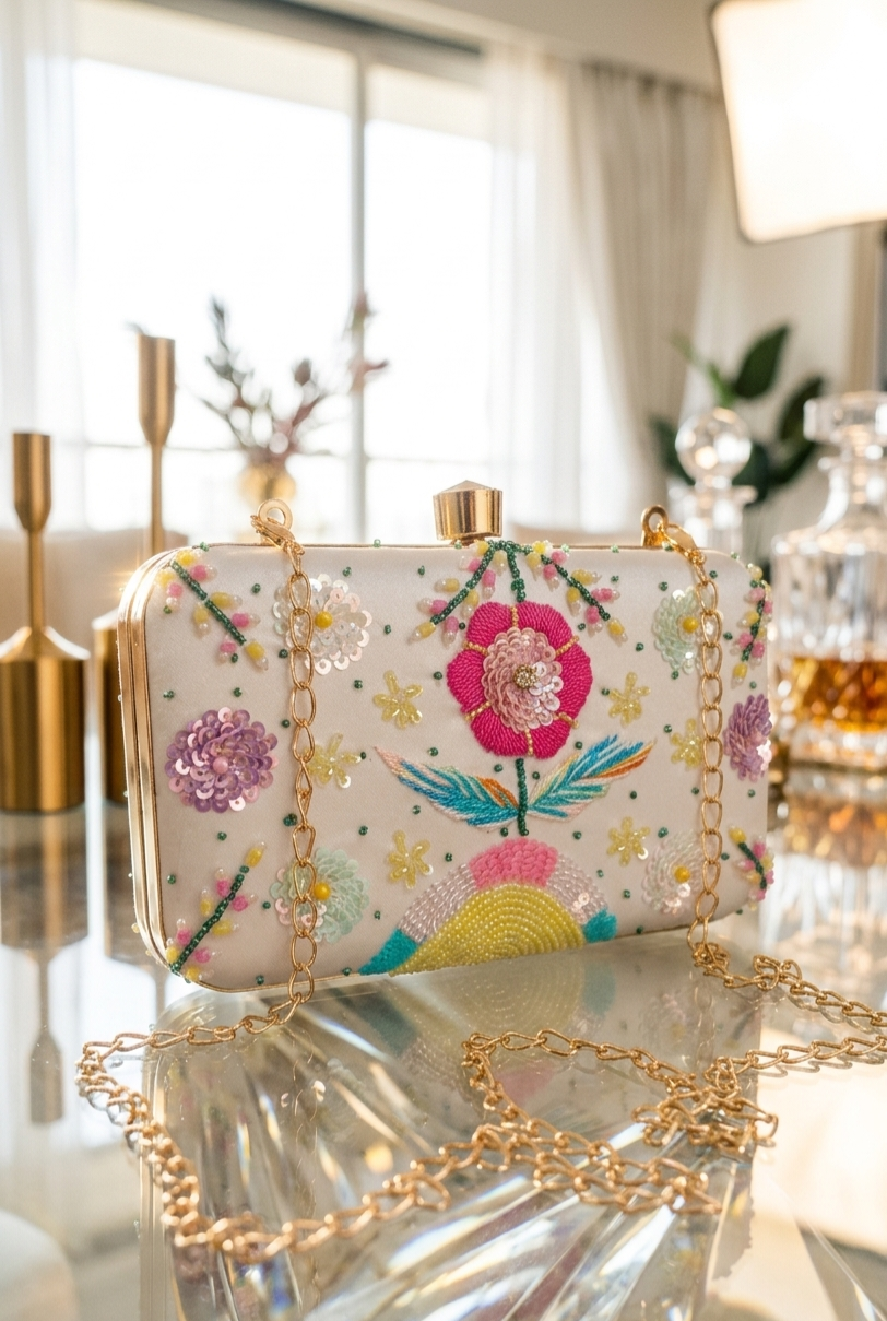 White floral pastel embroidery Clutch