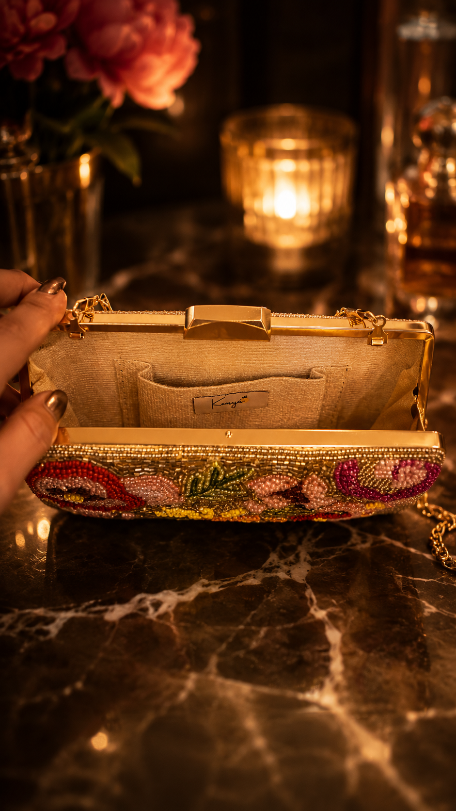 Floral Beaded Evening Clutch- Gold