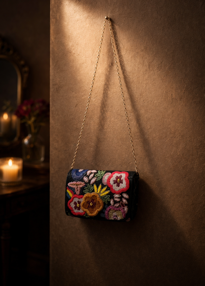 Black Floral Hand-Beaded Sling Bag