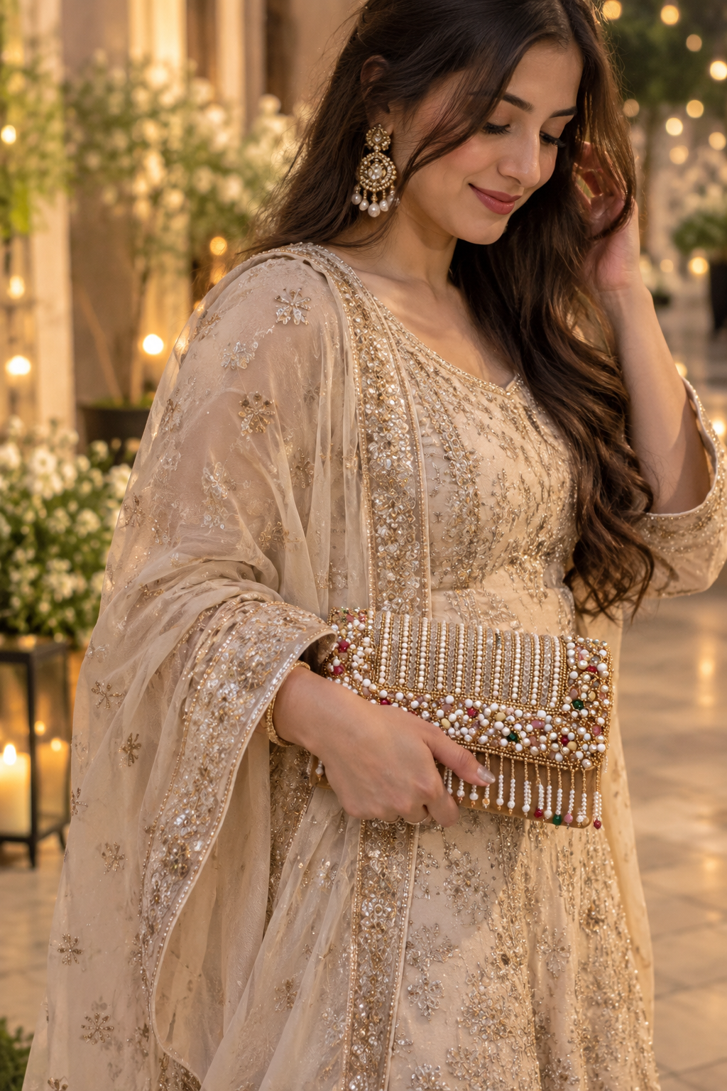 Pearl Cascade Embellished Gold Clutch