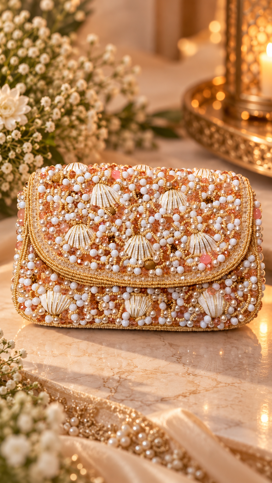 Pearl Shell Cascade Embellished Handbag- gold