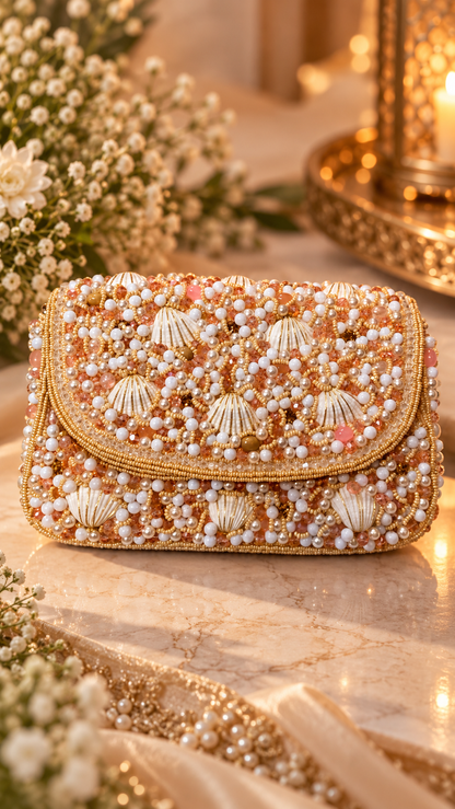 Pearl Shell Cascade Embellished Handbag- gold