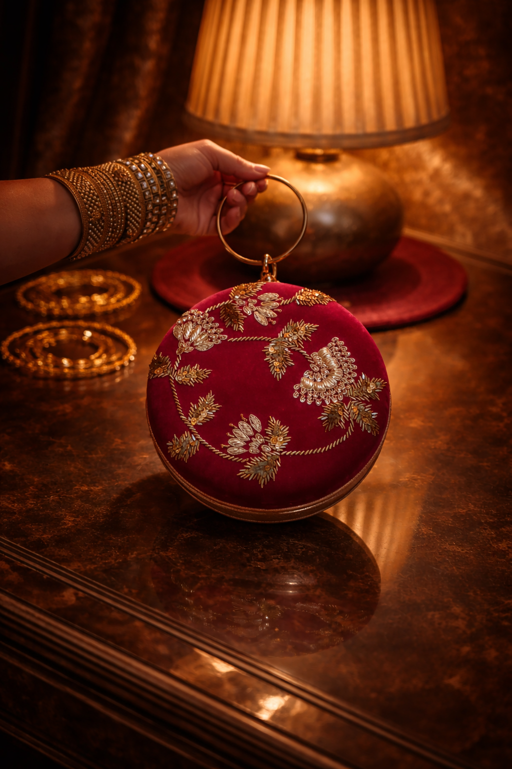 Round Embellished Velvet Clutch – Red