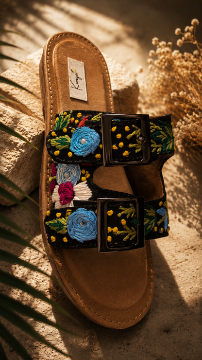 Black Bloom Embroidered Slides