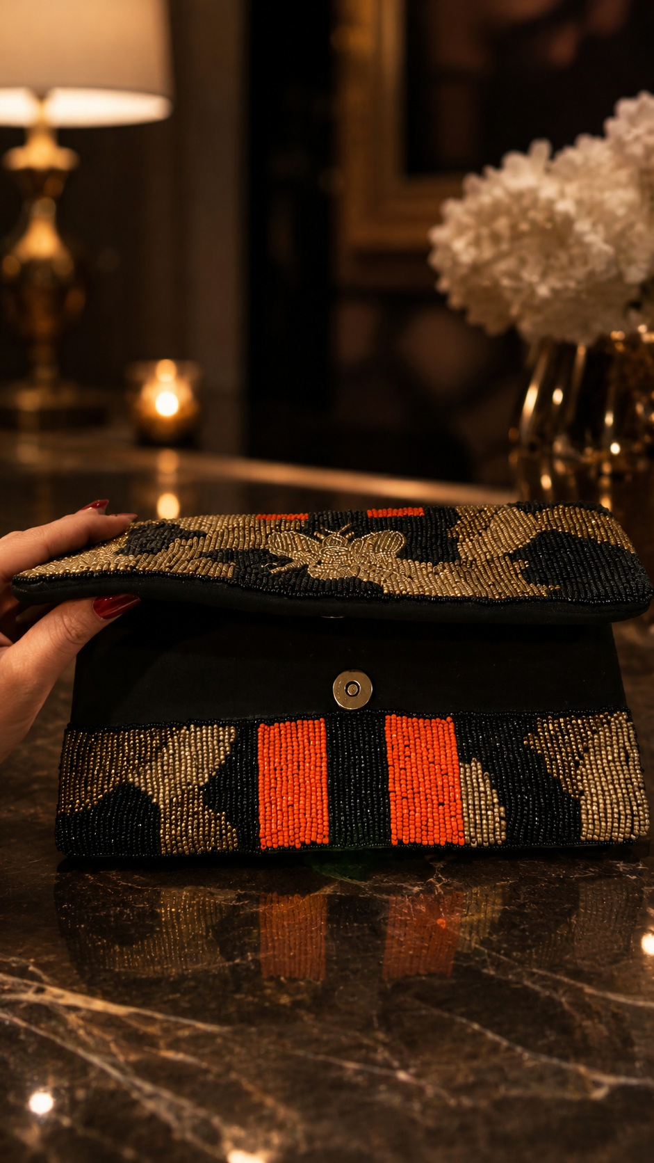 Midnight Bee Beaded Clutch