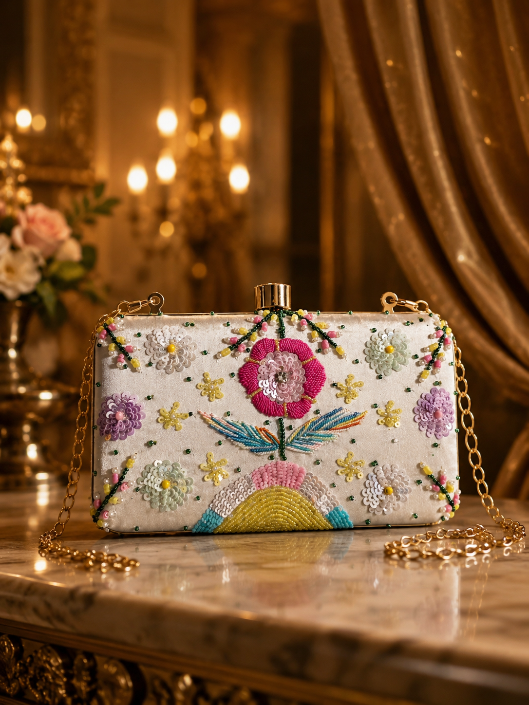 White floral pastel embroidery Clutch