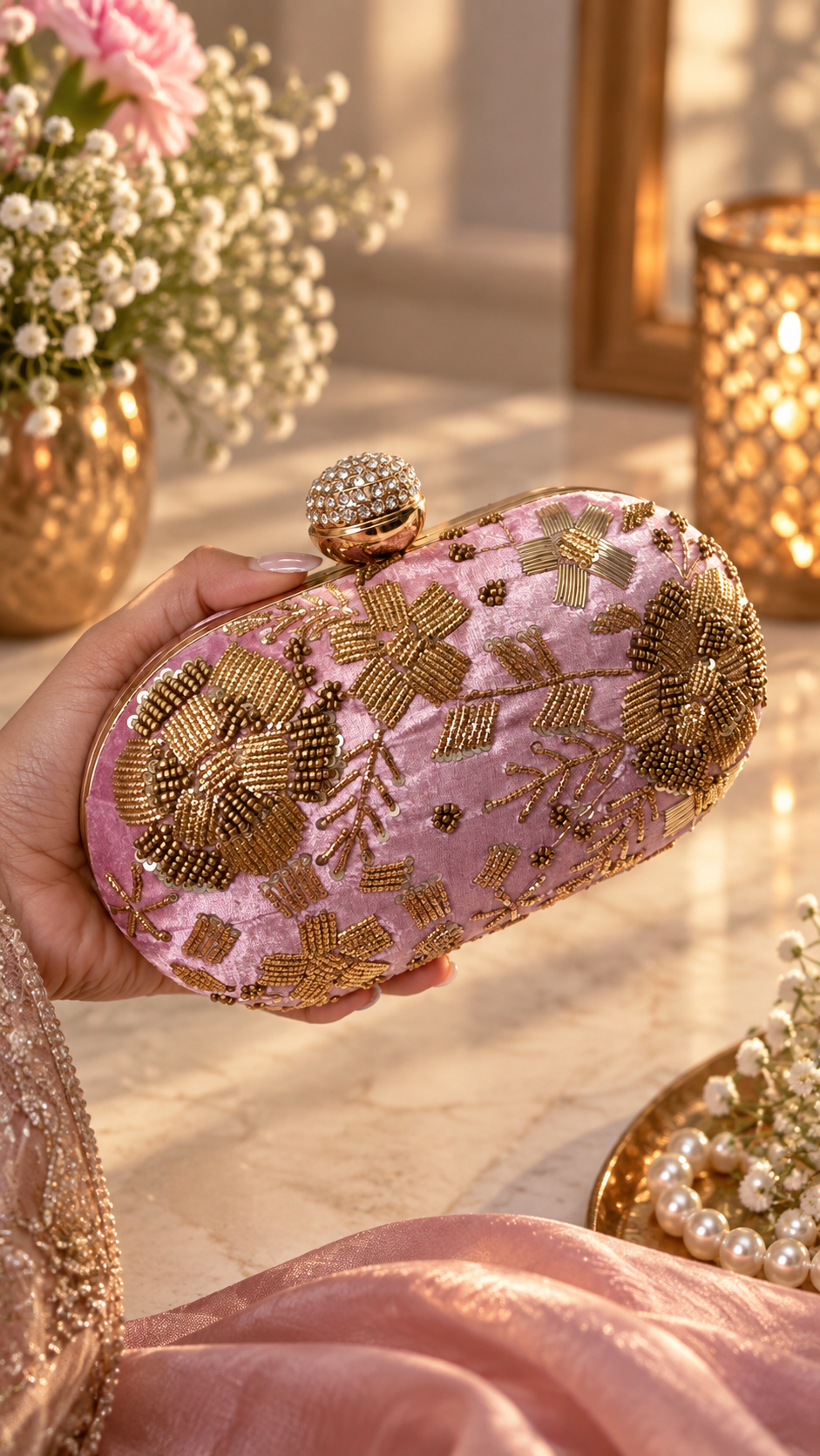 Blush Bloom Embellished Velvet Clutch