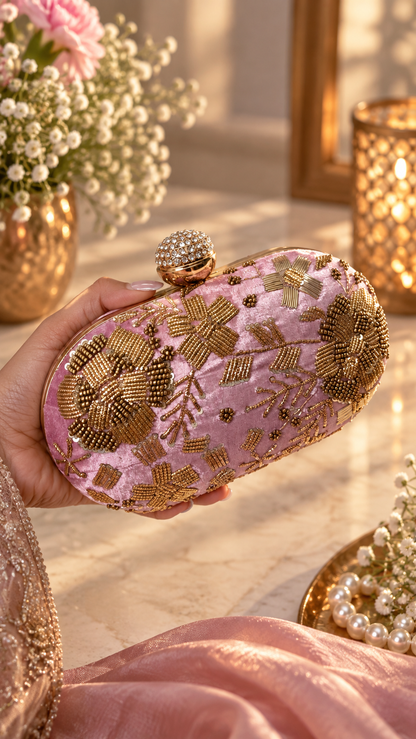 Blush Bloom Embellished Velvet Clutch