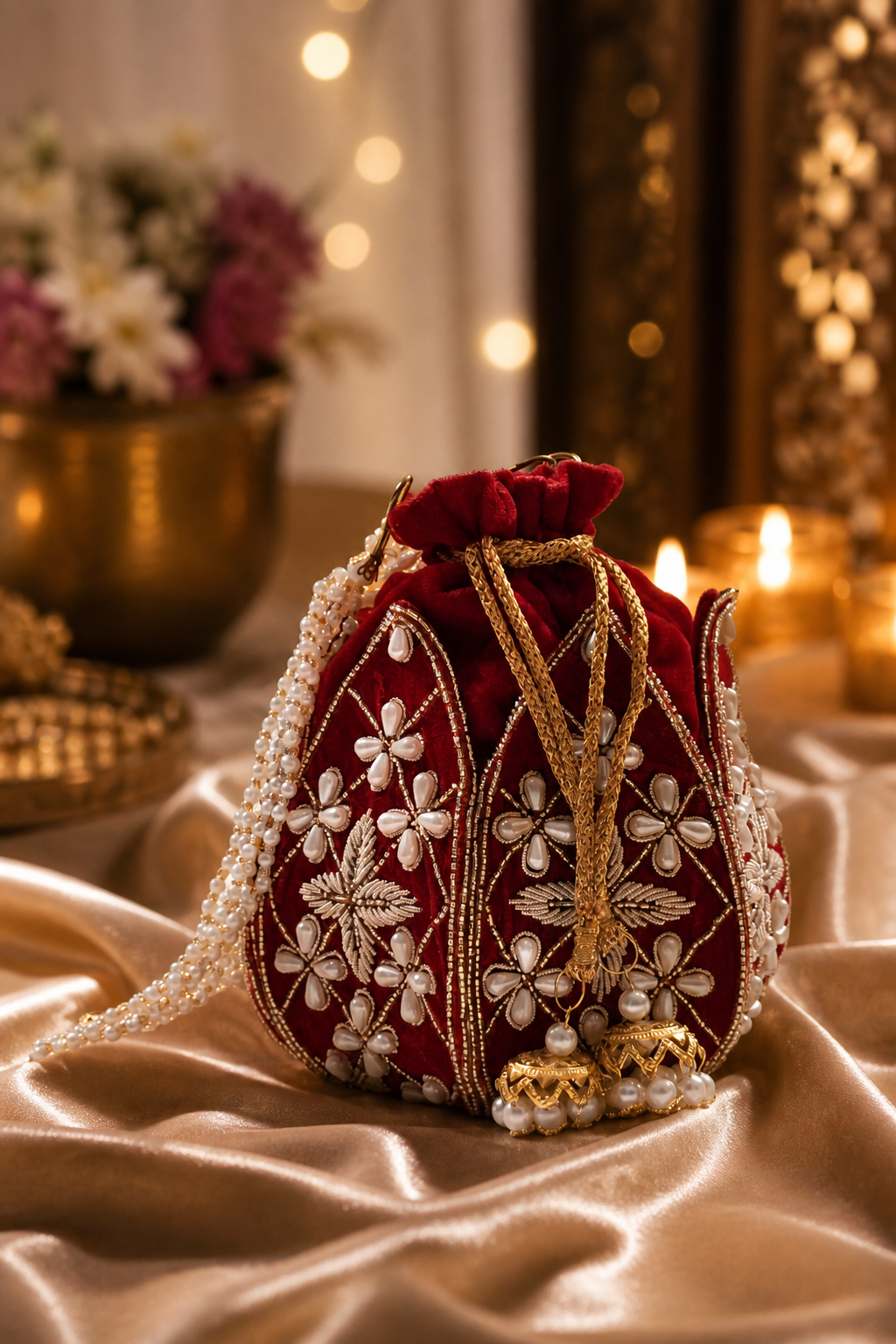 Silk Lotus Potli Bag (RED)