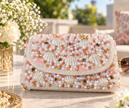 Pearl Shell Cascade Embellished Handbag - white