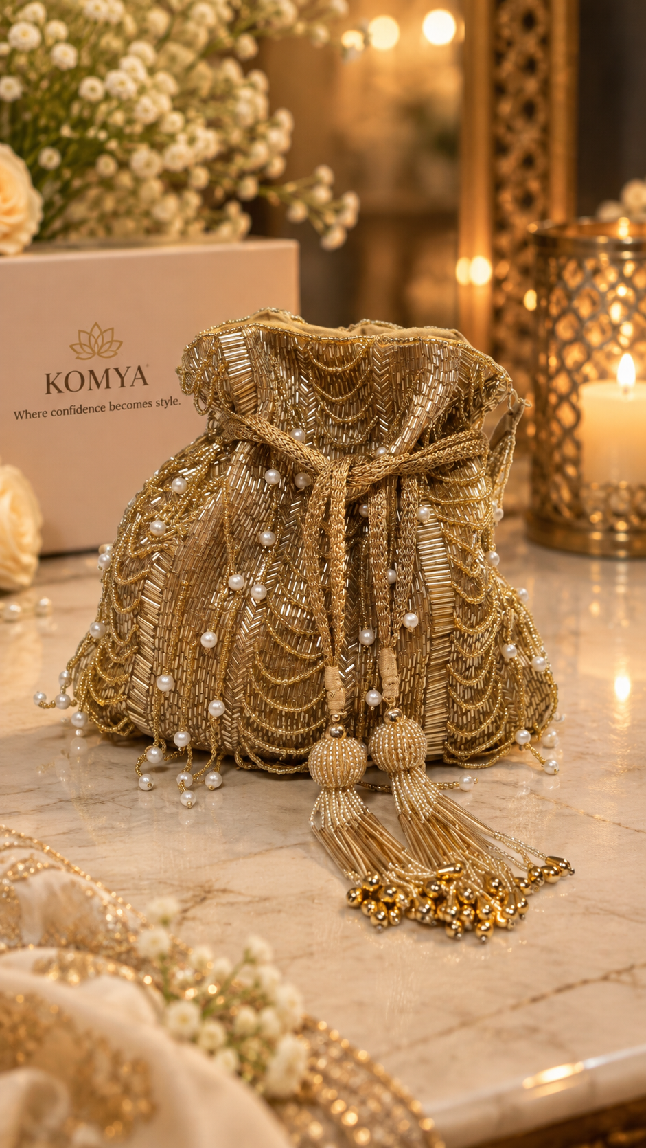 Golden Pearl Cascade Handcrafted Potli Bag