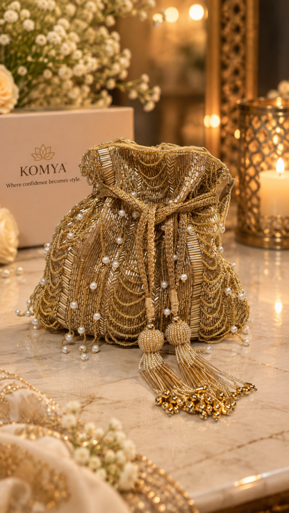 Golden Pearl Cascade Handcrafted Potli Bag