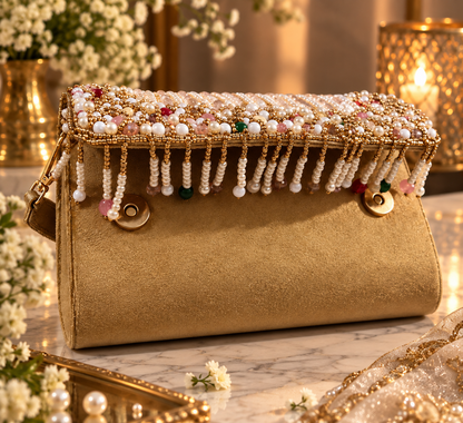 Pearl Cascade Embellished Gold Clutch
