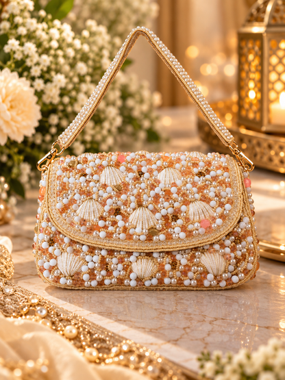 Pearl Shell Cascade Embellished Handbag- gold