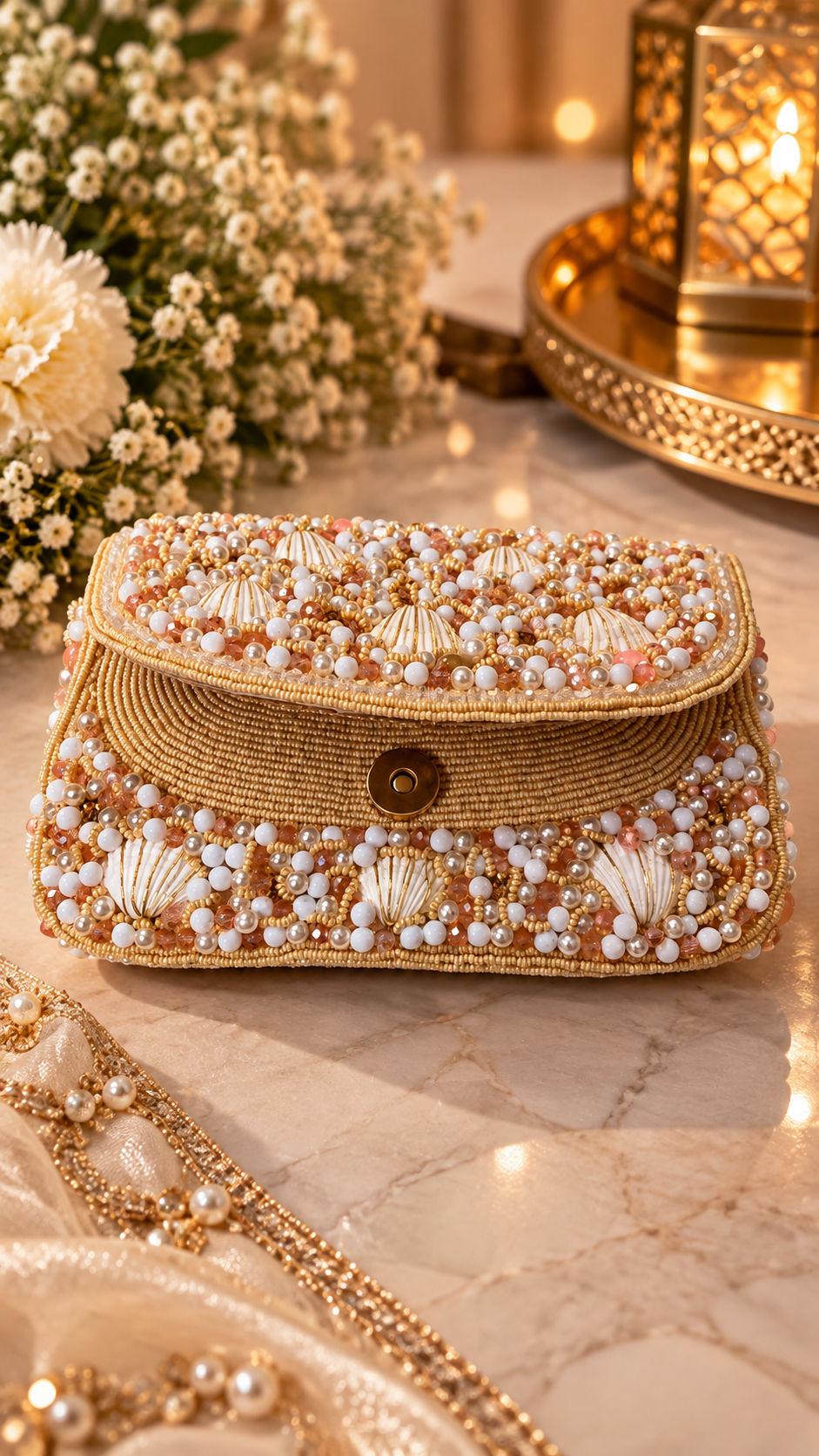 Pearl Shell Cascade Embellished Handbag- gold