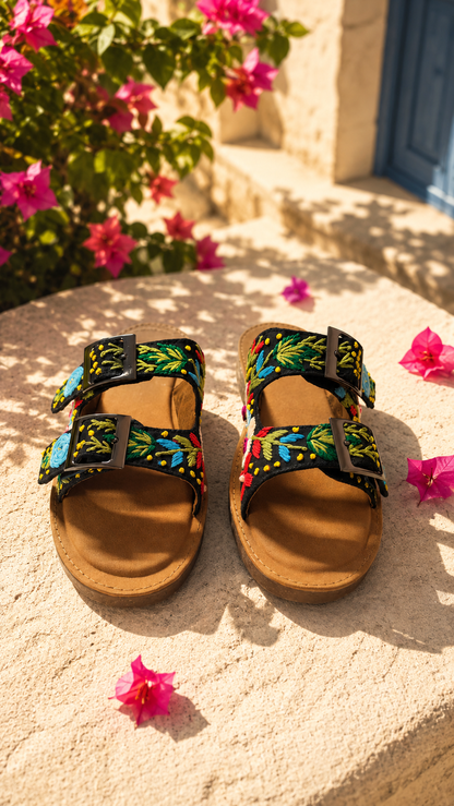Black Bloom Embroidered Slides