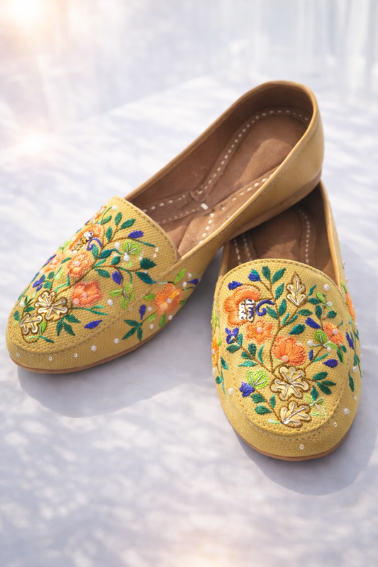 Mustard beige base with multicolor embroidery