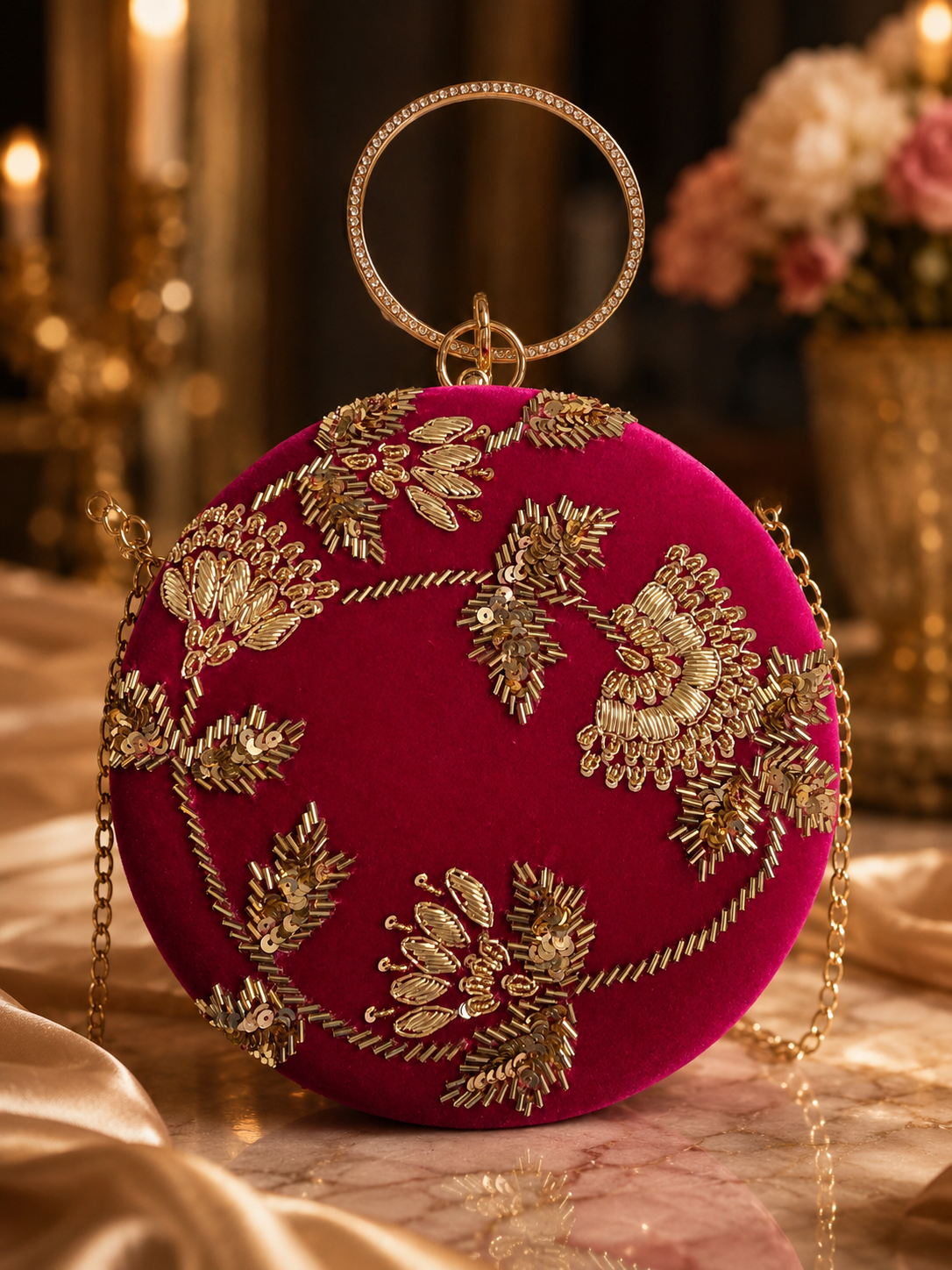 Round Embellished Velvet Clutch – Pink