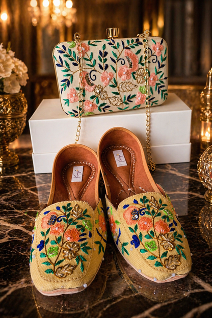 Mustard Beige Floral Jutti & Clutch Set