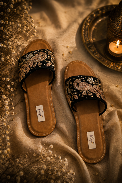 Komya Noor Embellished Sandals – Black & Gold