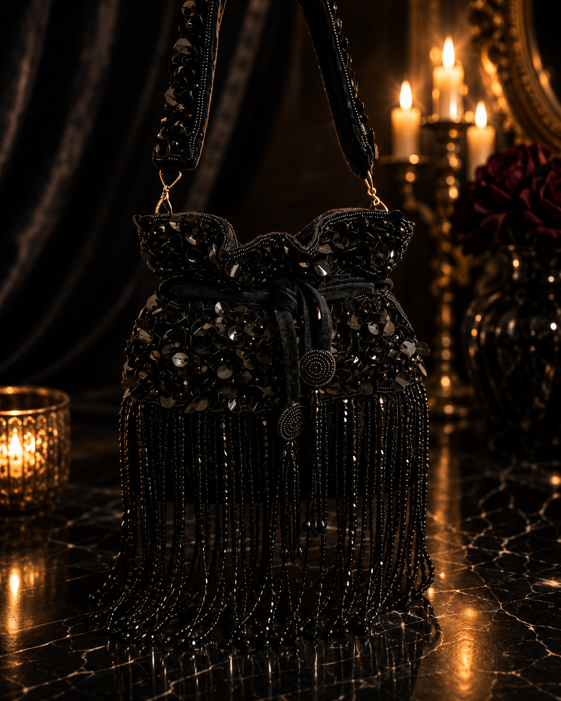 Midnight Fringe Embellished Potli Bag