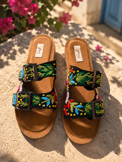 Black Bloom Embroidered Slides