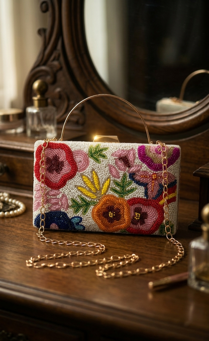 Bloom Hand-Beaded Clutch Bag- White