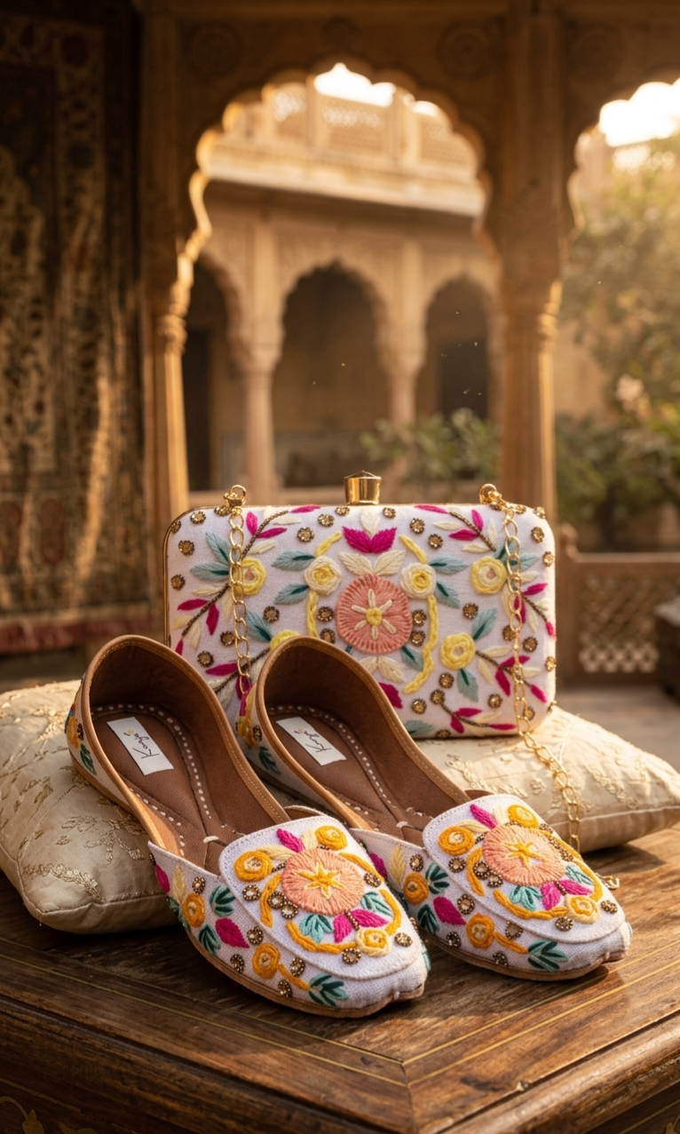 White Garden Bloom Jutti & Clutch Combo