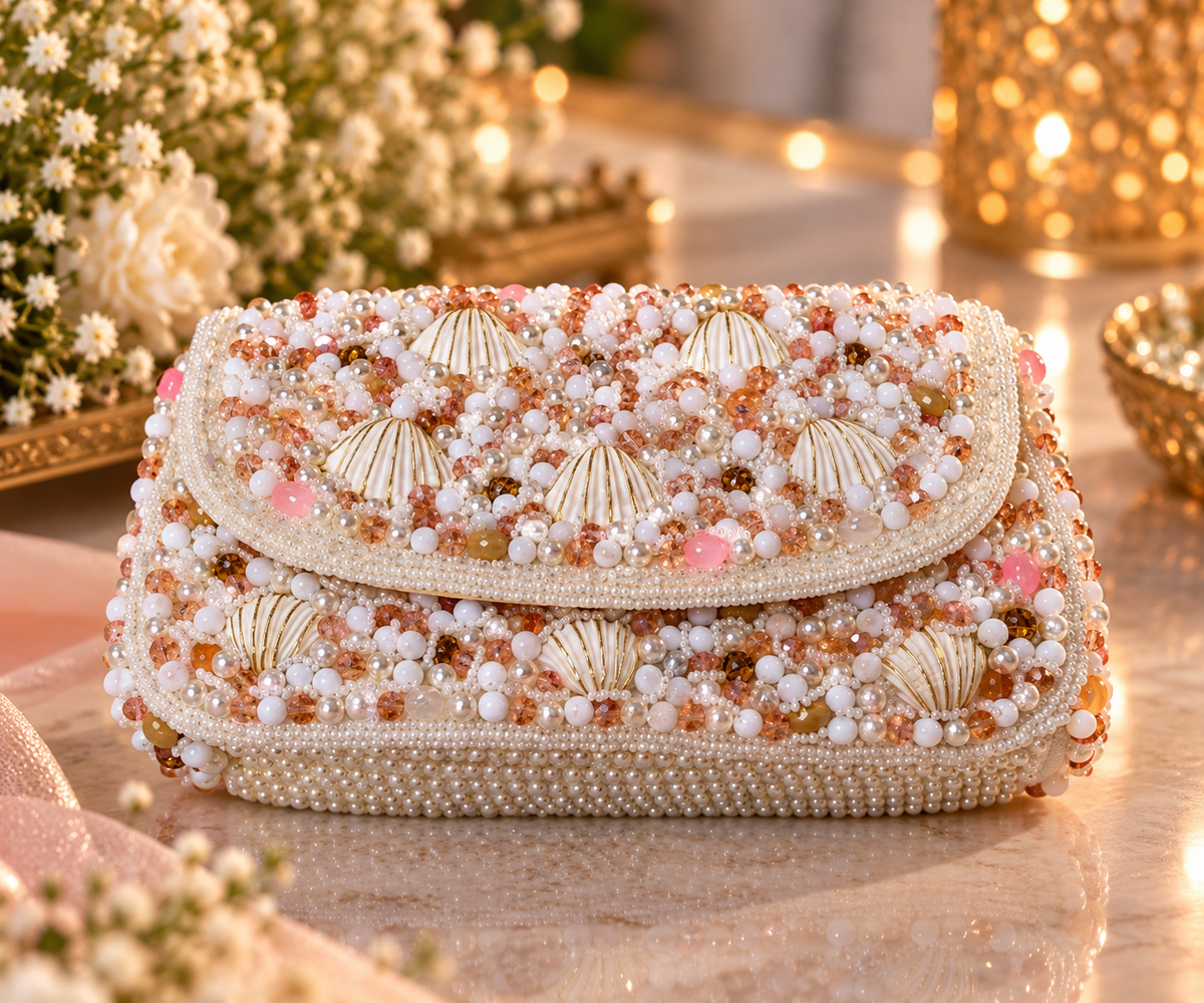 Pearl Shell Cascade Embellished Handbag - white