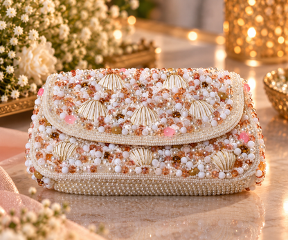 Pearl Shell Cascade Embellished Handbag - white