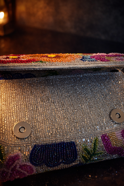 Silver Floral Hand-Beaded Shoulder Bag