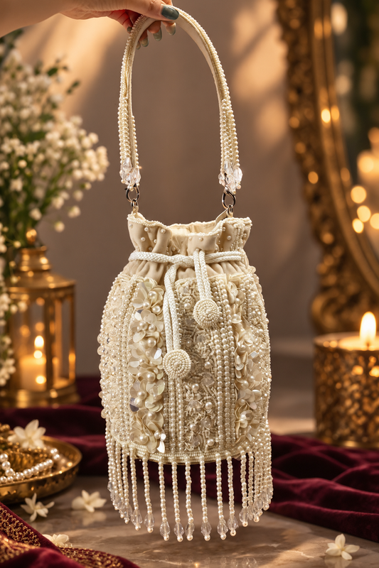 Ivory Pearl Cascade Potli Bag
