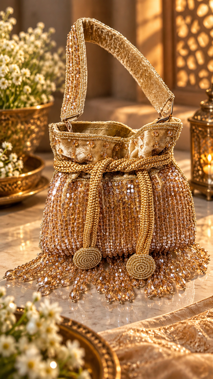 Gold Crystal Cascade Mini Potli Bag