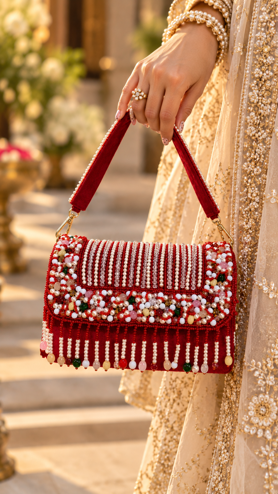 Ruby Royale – Handcrafted Pearl & Beaded Embellished Handbag