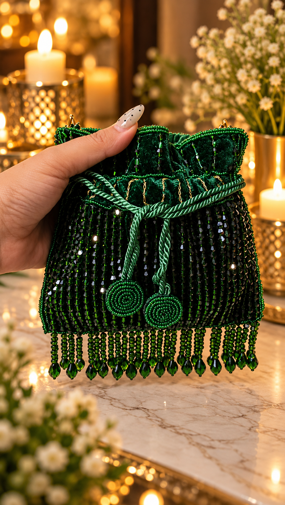 Emerald Luxe Beaded Mini Potli Bag