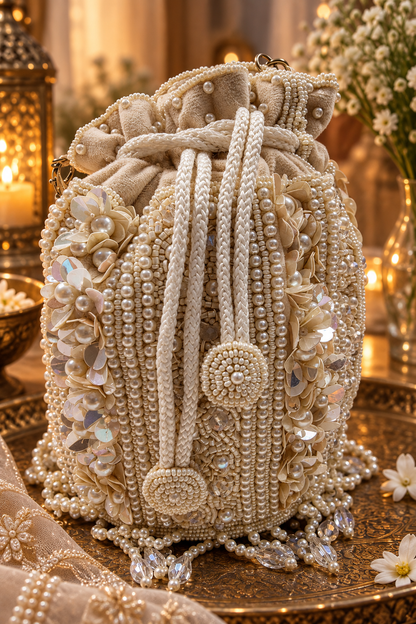 Ivory Pearl Cascade Potli Bag
