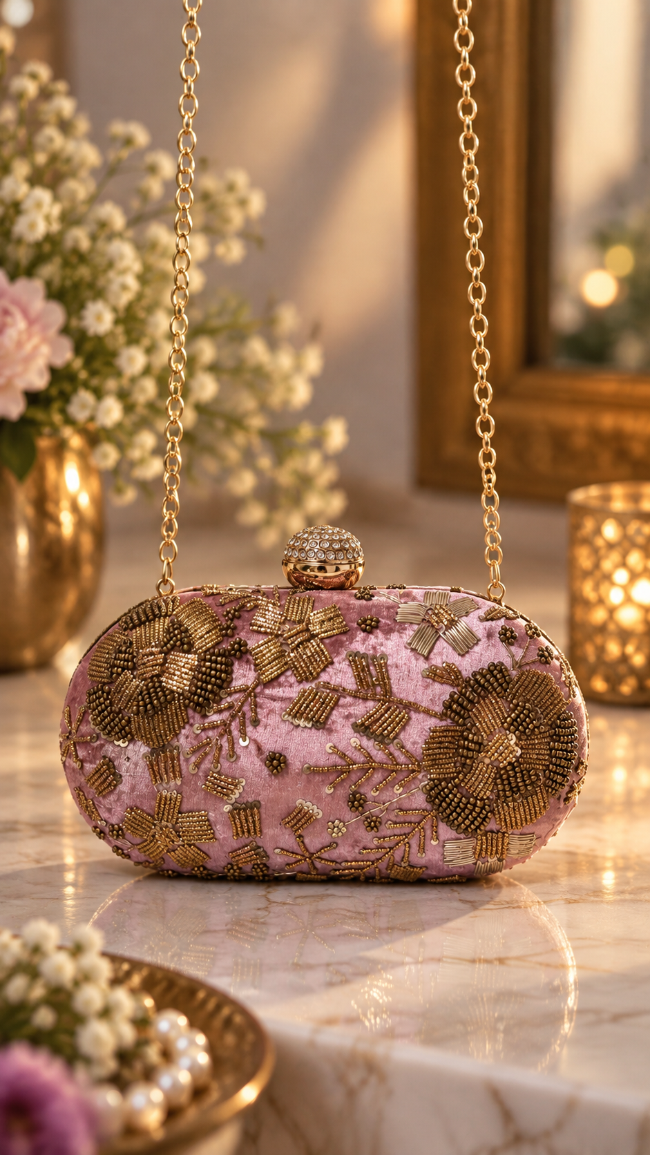 Blush Bloom Embellished Velvet Clutch