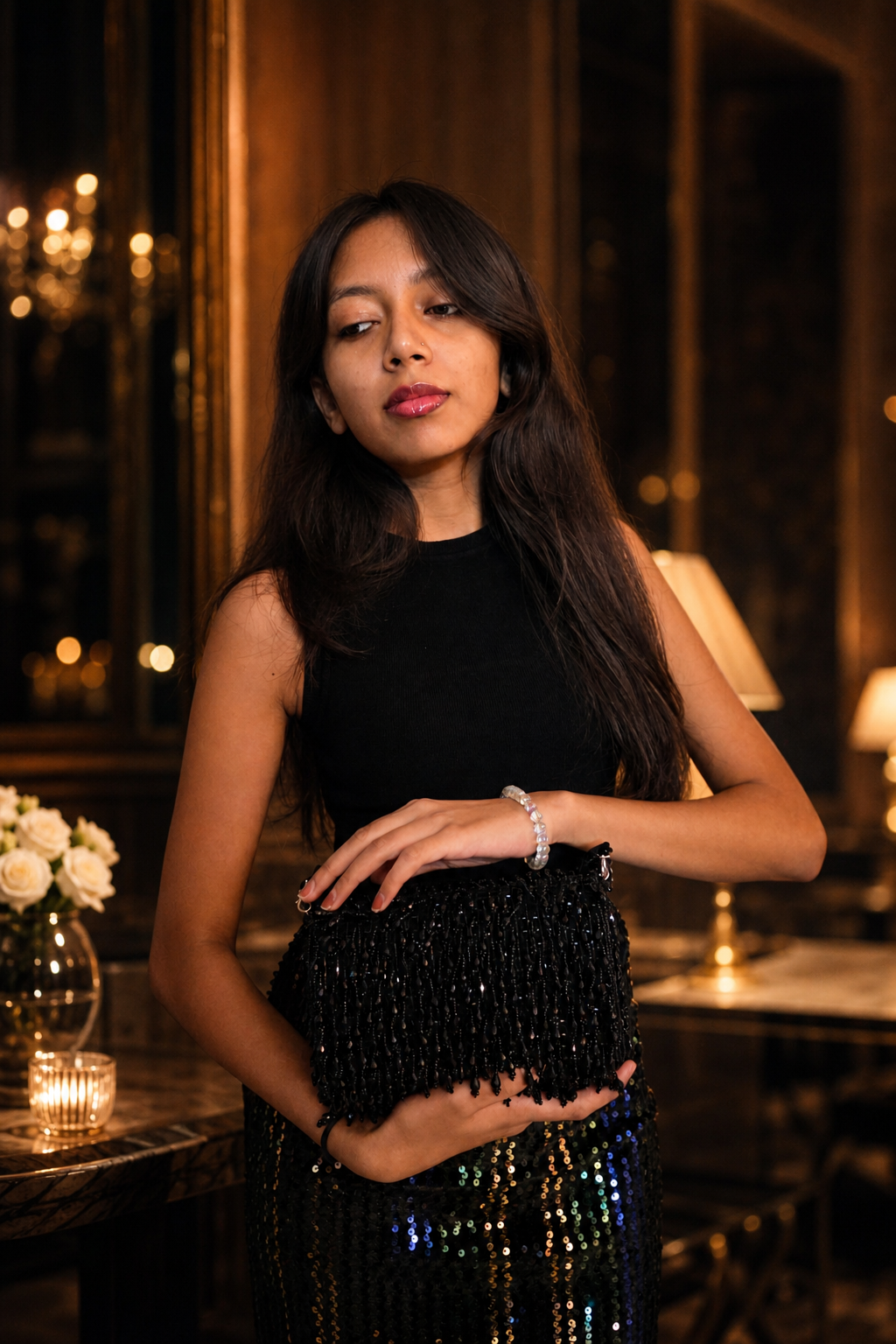 Black Beaded Statement Shoulder Bag