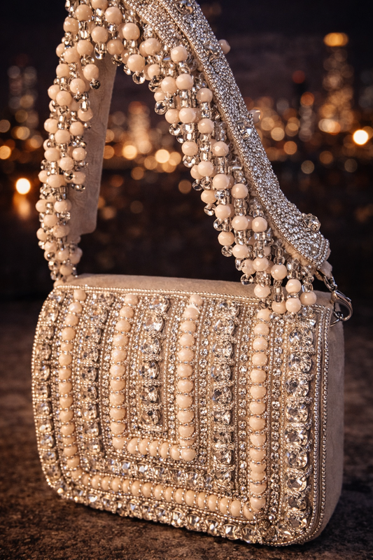 Embellished nude-toned Crystal Statement Bag