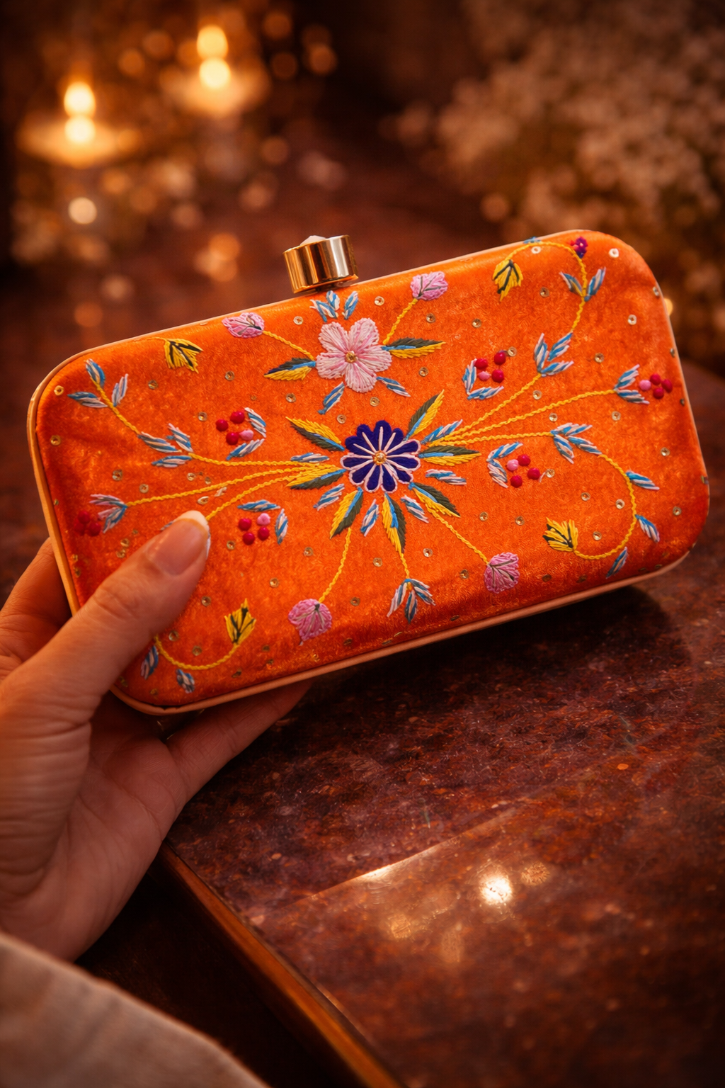 Amber Bloom Embroidered Clutch