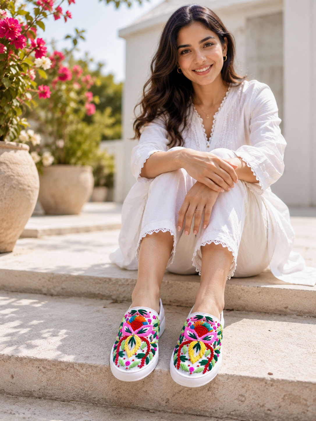 White Handcrafted Embroidered Slip-On Shoes
