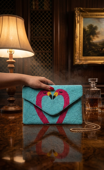 Aqua Flamingo Beaded Envelope Bag