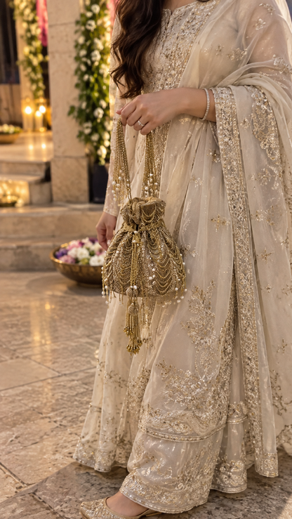 Golden Pearl Cascade Handcrafted Potli Bag