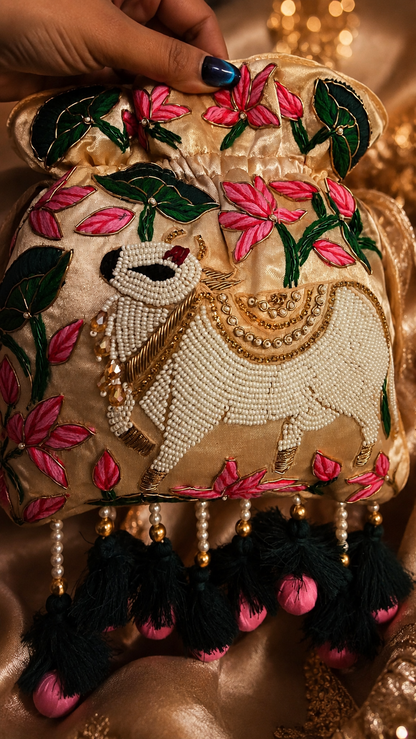 Pichwai ivory gold Potli Bag