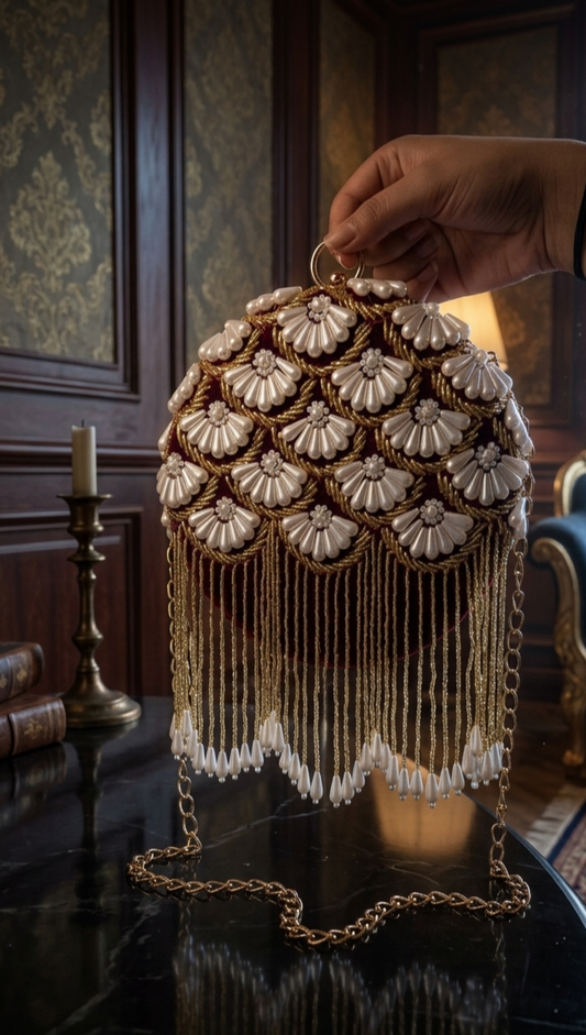 Pearl Round Clutch with tassels