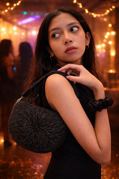 Black Floral Beaded Evening Bag