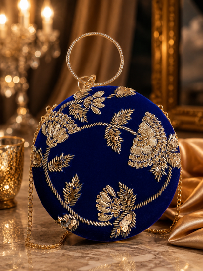 Round Embellished Velvet Clutch – Royal Blue