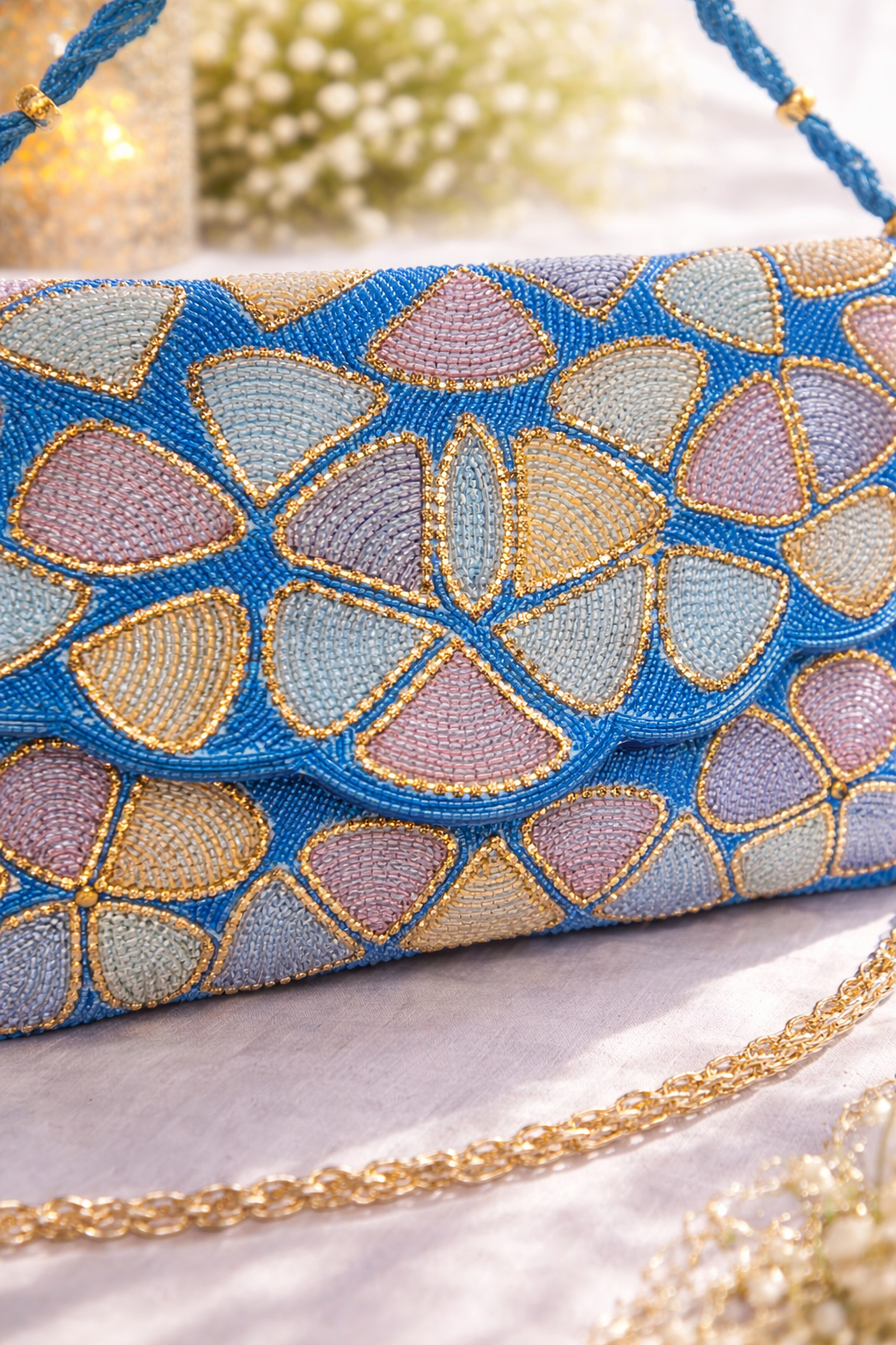 Azure Petal Hand-Beaded Envelope Clutch